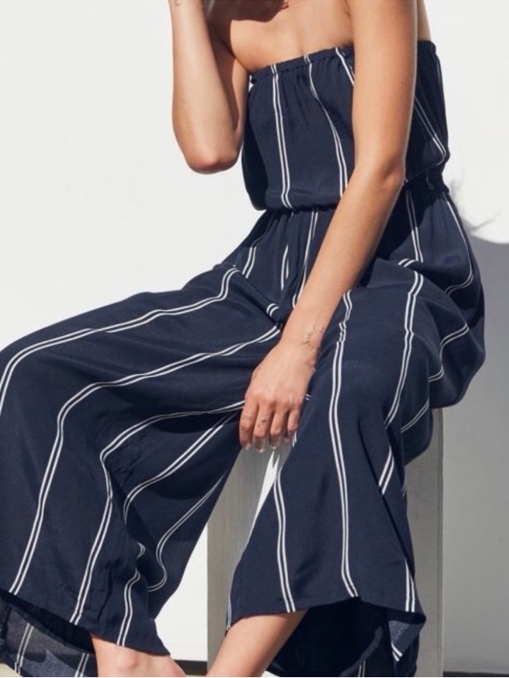 Silence + Noise Striped Navy Strapless Wide-Leg Jumpsuit